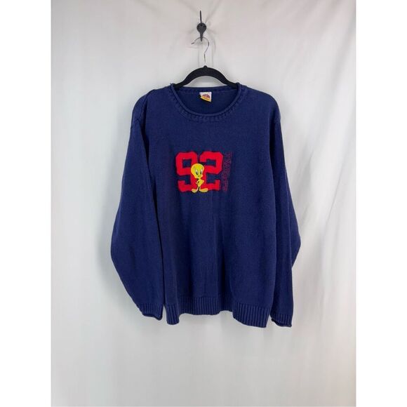 Vintage 90s Warner Bros Women’s Blue Tweety Looney Tunes Oversized Sweater XL - Picture 1 of 11